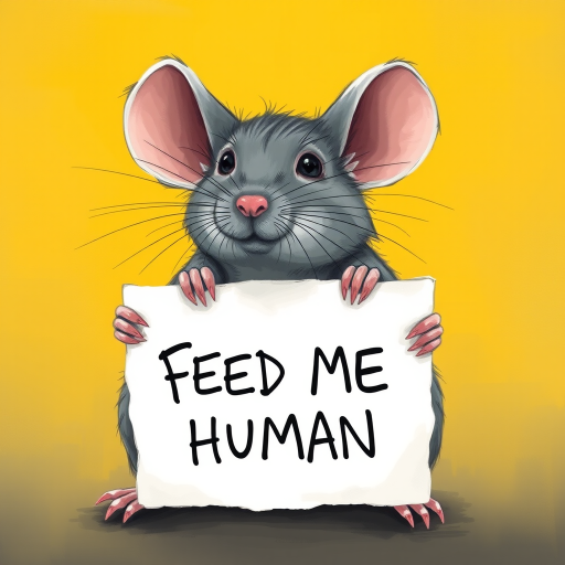 mouse holding a note which says "FEED ME HUMAN"