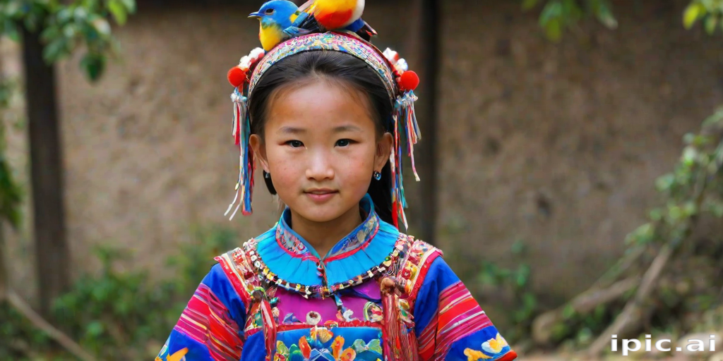 A beautiful Miao girl, wearing colorful bird clothing with vibrant colors