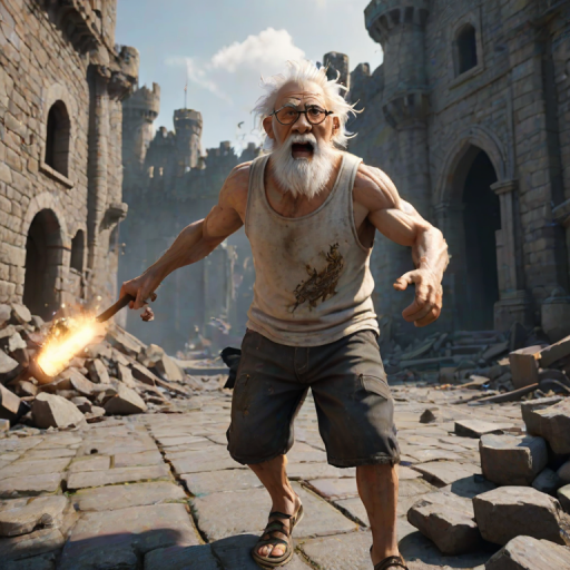 Cartoon 3D High-Resolution,dynamic battle scene using Unreal Engine 5 and Octane Render. The scene features back of an elderly, thai man with a beard,messy hair and round golden-rimmed glasses. He is wearing a tattered tank top with soot marks, shorts, and sandals. sweating. he wields a baseball bat. He jump to fight with a white fire-breathing Europe dragon amidst a partially destroyed stone castle. Include intense flames, smoke, and debris to enhance the dramatic effect.