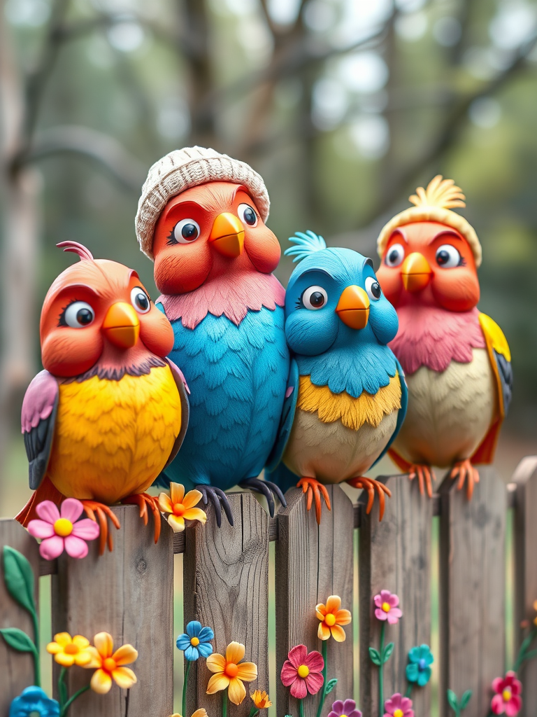create a scene of 4 quirky  whimsical colourful comical birds each with a funny expression. they are sat on a wooden fence with colourful flowers. they are all different sizes. each one is a different colour  one is wearing a woolly hat. Each one has a different quirky google expression and there is a muted background of trees watercolour paintierly style high definition 8k resolution 3D paper mache