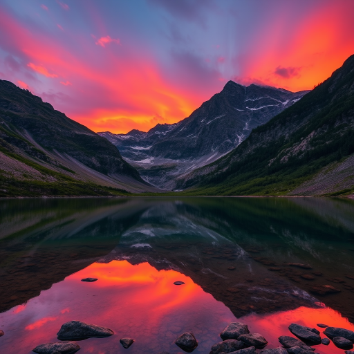 Create an image of a serene mountain landscape at sunset, with vibrant colors reflecting off the lake in the foreground, shot with a Canon EOS R5, 24mm lens, f/11 aperture, ISO 100, 1/60s shutter speed, wide-angle view, and dynamic range enhancement, capturing the tranquility and beauty of nature.
