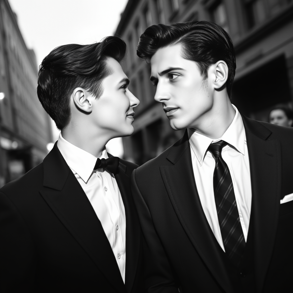 Black-and-white photograph, couple, tailored suits, retro hairstyles, film noir style, Tilt the camera for a dynamic Dutch angle using a versatile 24-70mm lens