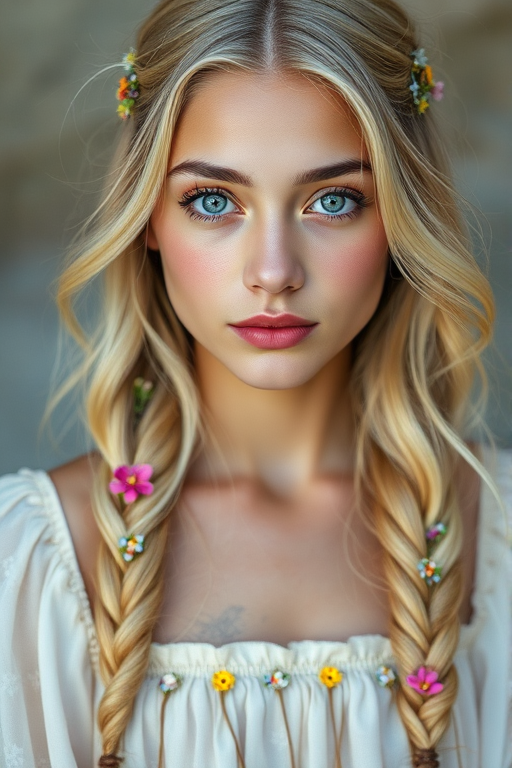 Create an image of a young Hispanic woman with long, wavy blonde hair, adorned with small, colorful flowers woven into her braids and loose strands. Her complexion is fair, with soft, glowing skin, and she has light blue eyes that gaze softly at the viewer. She wears a light, flowing dress with a gentle, ethereal quality, complementing her delicate and serene appearance. The background is slightly blurred, drawing focus to her tranquil expression and the intricate details of the flowers in her hair. The overall mood of the image is one of natural beauty and grace, evoking a sense of peacefulness and connection with nature.