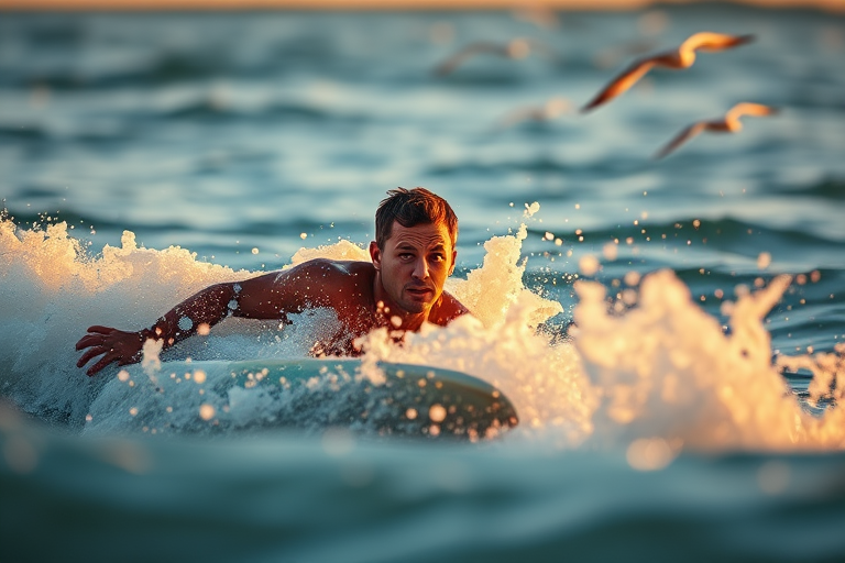 Blurry action shot of a surfer catching a wave at sunrise, water splashing up around them, the golden light of the early morning reflecting off the ocean, distant seagulls flying overhead, intense concentration on the surfer's face.