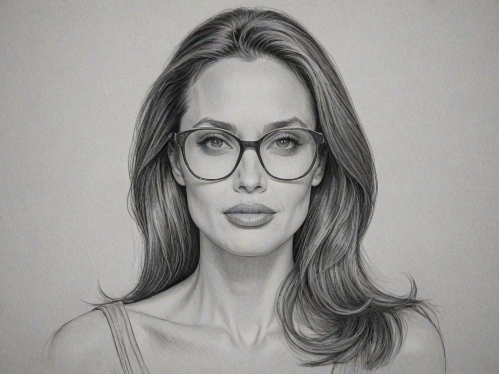 Resplendent Angelina Jolie, pencil sketch, portrait of Pleasing woman 1963s in glasses, hair style beatnik, outline, clear lines, fine lines, 8k