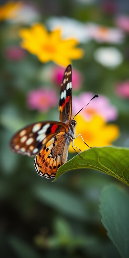Close-up shot of a butterfly perched on a green leaf with a blurred background of colorful flowers, using a macro lens, aperture f/2.8 for shallow depth of field, shutter speed 1/200 sec, ISO 100, natural light, captured with a DSLR camera.