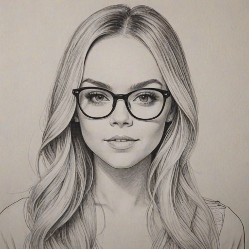 Attractive Danielle Bradbery, pencil sketch, portrait of Sublime woman 1966s in glasses, hair style beatnik, outline, clear lines, fine lines, 8k
