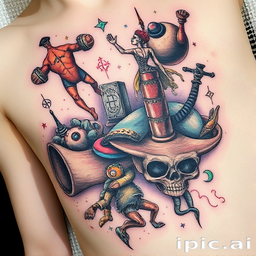 Surrealist tattoo named "Dreamscape Metamorphosis" depicting objects and figures morphing into one another in a flowing, dreamlike composition with a mix of color and black ink