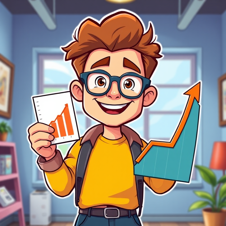 Create a vibrant cartoon-style illustration of a cheerful, bespectacled man presenting a chart with an upward trend, using a Canon EOS R5 camera with a 24-70mm f/2.8 lens, aperture set to f/5.6, ISO 200, and a focus on vibrant colors and clear lines in a well-lit environment.