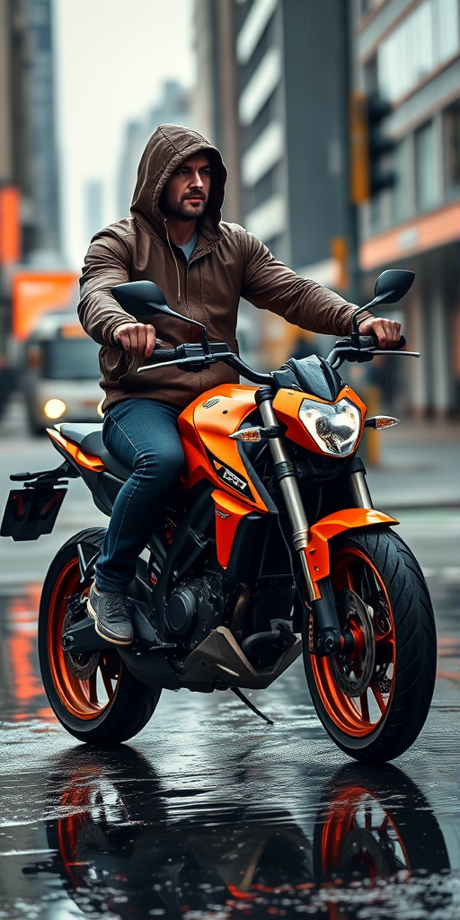 Generate an image of a muscular man wearing a hooded jacket, riding an orange motorcycle in a rainy urban environment, with reflections on the wet pavement, using a DSLR camera with a 50mm lens, aperture f/1.8, ISO 200, shutter speed 1/500 sec, in portrait mode to enhance depth and details.