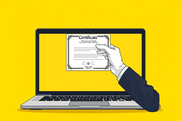 create an illustration of a laptop with a hand in a formal glove holding a certificate, set against a bright yellow background, use a 50mm lens, f/2.8 aperture, soft lighting, top-down view, digital drawing style, high resolution