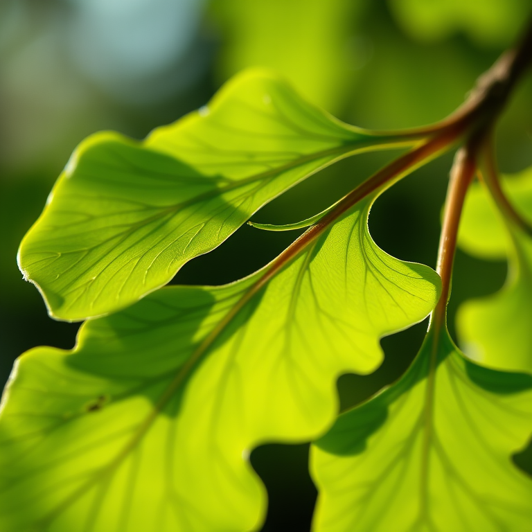 macro shot of ginkgo biloba leaves with a shallow depth of field, focus on the texture of the leaves, natural light, f/2.8 aperture, 50mm lens, ISO 200, Canon DSLR, slight vignette effect