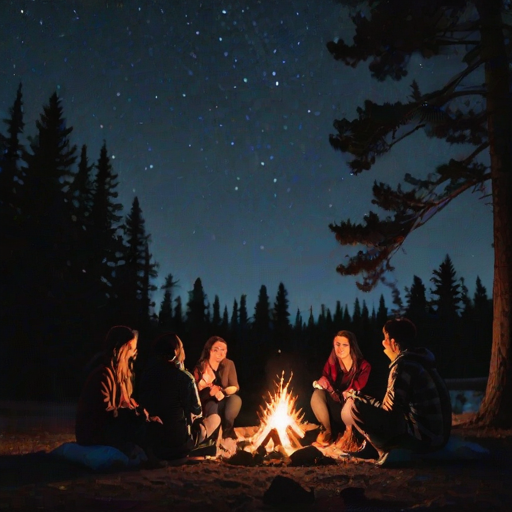 Group of friends gathered around a campfire under a starlit sky, roasting marshmallows, sharing stories, and wrapped in cozy blankets, with trees silhouetted against the glowing embers.