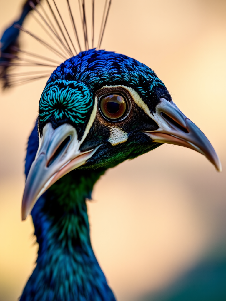 close-up of a peacock's head with detailed feather patterns and vibrant colors, shallow depth of field, shot with a 50mm lens at f/1.8, ISO 100, natural light, DSLR camera, capture sharp focus on the eye and textures of the feathers