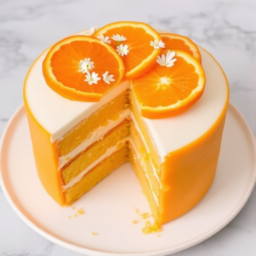 A beautifully decorated orange cake with layers visible inside the cake, topped with fresh orange slices and small white flowers, on a white plate with a marble background.