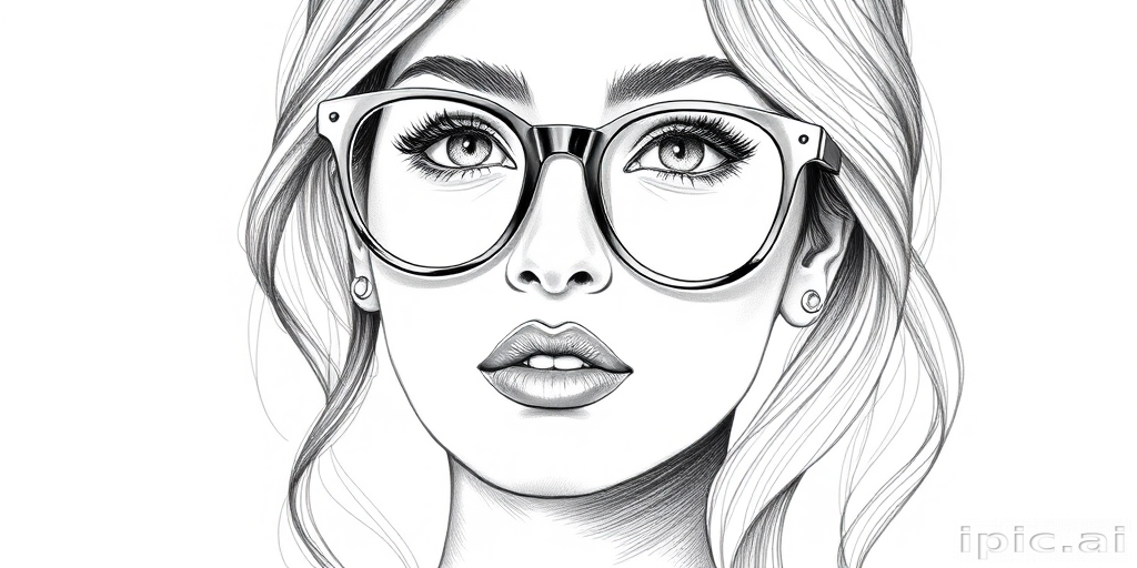 beautiful mia khalifa, pencil sketch, portrait of beautiful woman 60s in glasses, hair style beatnik, outline, clear lines, fine lines, 8k