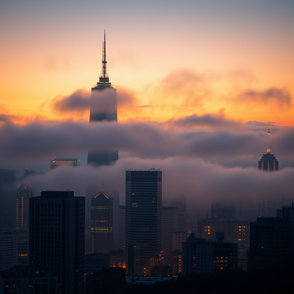 high-resolution image of a city skyline shrouded in fog during twilight, focus on tall skyscrapers partially obscured by mist, soft bokeh effect, shot with a Canon EOS R5, 50mm lens, f/1.8, ISO 400, shutter speed 1/50 sec, high dynamic range, elevated perspective for depth