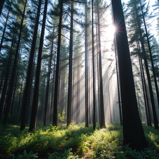 forest scene with sunlight filtering through tall trees, soft green foliage, ethereal mist, captured with a DSLR camera, f/2.8 aperture, 1/125 sec shutter speed, ISO 200, wide-angle lens, natural lighting, high dynamic range.