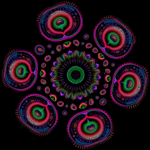 Generate a high-resolution fractal pattern featuring vibrant colors and intricate details within circular shapes on a black background, using a DSLR camera with a 50mm lens, aperture set to f/8, ISO 100, and a shutter speed of 1/60s, in macro photography style.