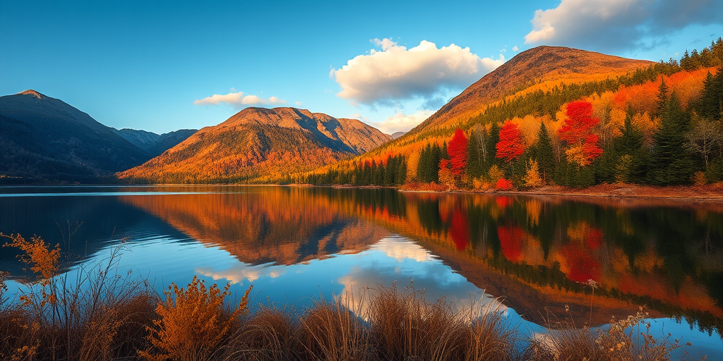 Capture a serene mountain lake landscape during autumn with vibrant trees, reflecting on calm water, using a Canon EOS R5, 24mm lens, f/8 aperture, 1/125s shutter speed, ISO 100, golden hour lighting, and a wide-angle perspective.