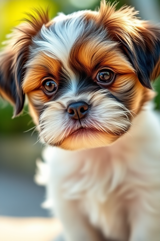 highly detailed close-up portrait of a Shih Tzu puppy, soft bokeh background, natural lighting, f/2.8 aperture, ISO 100, 50mm lens, DSLR camera, vivid colors and sharp focus.