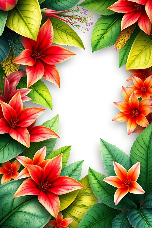 Create a vibrant tropical foliage border with detailed botanical illustrations, soft natural lighting, focal length 50mm, aperture f/4, ISO 200, shot in macro style using a DSLR camera for high image quality.
