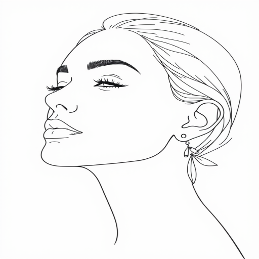 Create a minimalist line art portrait of a person with a serene expression, showcasing a side profile with exaggerated facial features, soft curves, and elegant earrings, using a Canon EOS R camera, 50mm lens, f/1.8 aperture, ISO 100, 1/200 sec shutter speed, natural light, high contrast monochrome style.