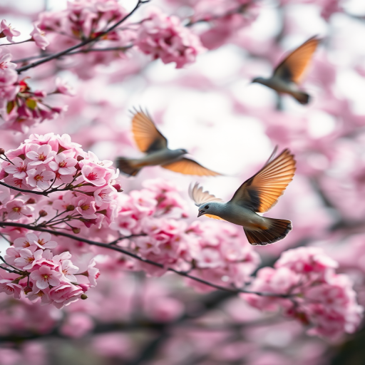 regenerate an image of birds flying around cherry blossoms with vibrant pink flowers, using a Canon EOS R5, 50mm f/1.2 lens, aperture set to f/2.8, ISO 100, shutter speed 1/2000 sec, with a shallow depth of field and soft bokeh effect.
