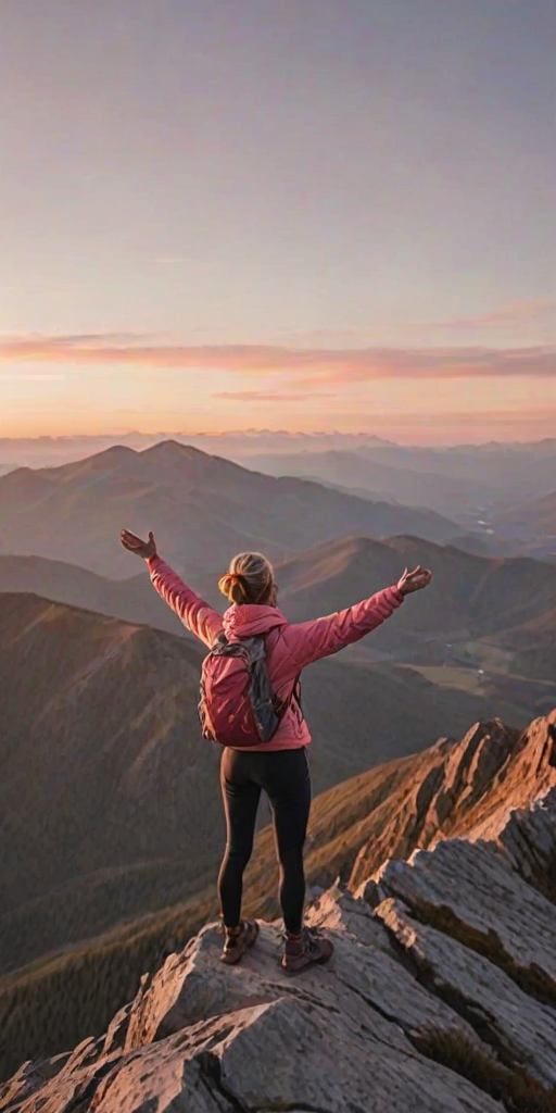 Quiet mountaintop at sunrise, the sky painted with soft hues of pink and orange, a woman in hiking gear stands at the peak, her arms outstretched as she takes in the breathtaking view of the valleys below.