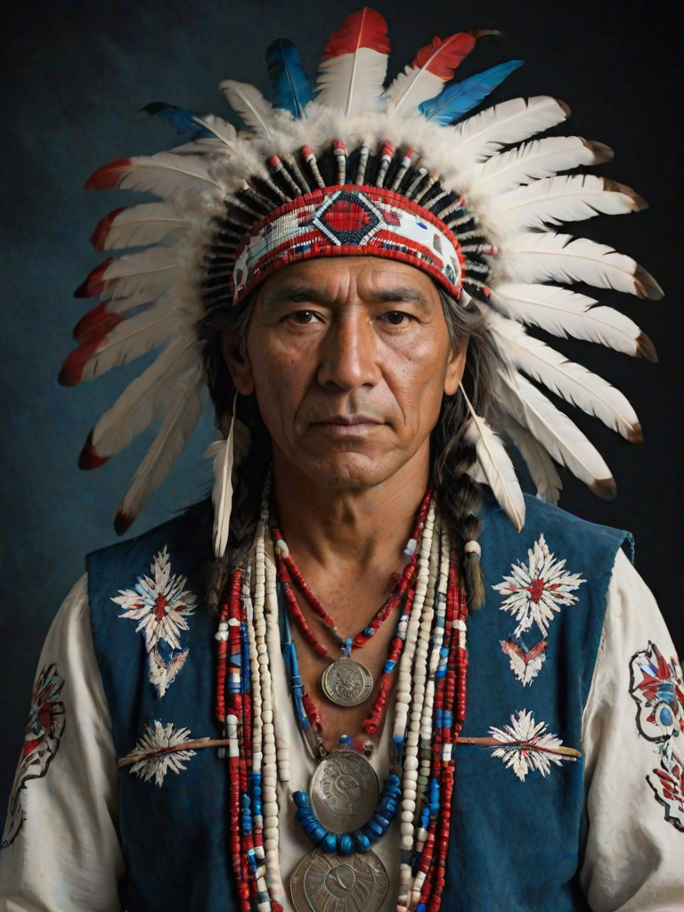 Create a dignified portrait of a Native American man dressed in traditional attire. He wears a beautifully crafted headdress adorned with white feathers and red beads, along with a beaded headband featuring intricate patterns. His clothing includes a deep blue, patterned shirt and a traditional chest piece with detailed beadwork. His arms are crossed, displaying leather armbands decorated with feathers. The background is simple and neutral, emphasizing his proud and stoic expression. The overall image captures the rich cultural heritage and strength of his persona.