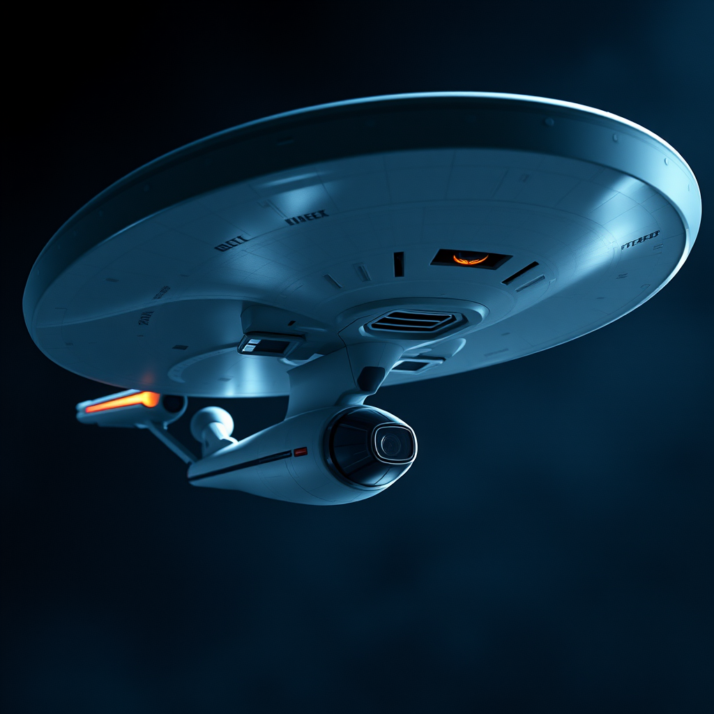 Regenerate an image of the USS Enterprise from Star Trek, using a high-resolution setting, 50mm lens, aperture f/8, ISO 100, in a studio environment with soft lighting for enhanced detail and clarity.