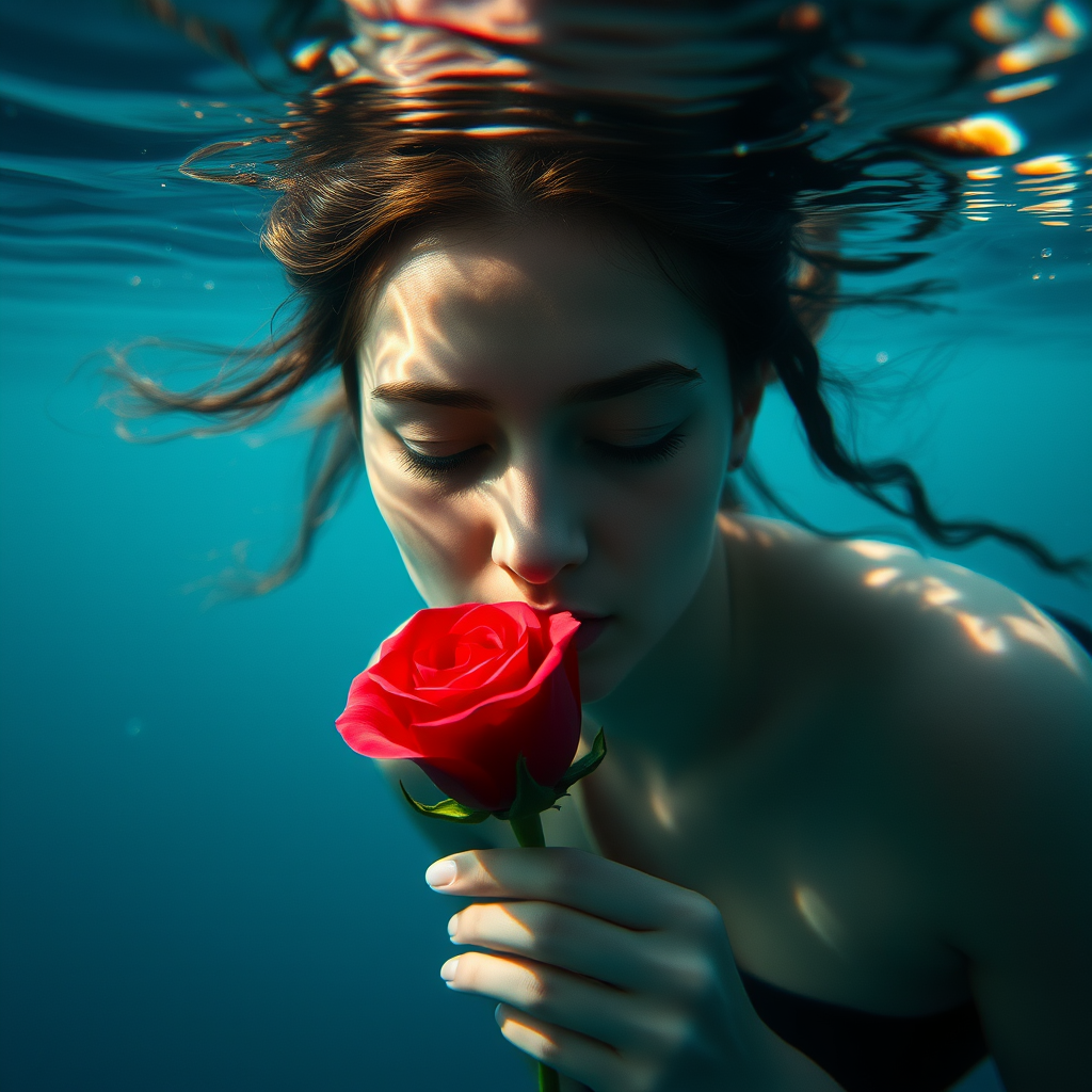 A woman underwater, gazing at a rose Her face is reflected in the water's surface The scene is illuminated by sunlight filtering through the water The atmosphere is serene and contemplative