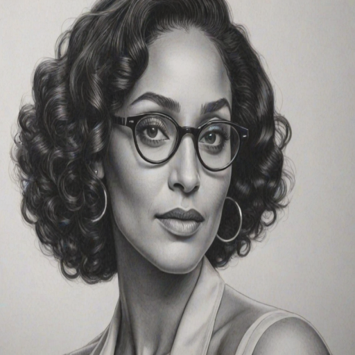 Bewitching Tracee Ellis Ross, pencil sketch, portrait of Magnificent woman 1941s in glasses, hair style beatnik, outline, clear lines, fine lines, 8k