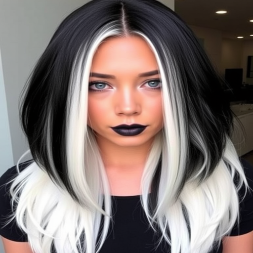 Dramatic black and white split-dyed hair dubbed "Yin Yang Harmony" featuring long straight layers, crisp center part dividing colors, sleek polished finish, face-framing pieces in contrasting shades, bold graphic look