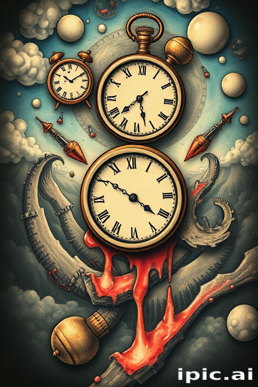 Surrealist tattoo design called "Dreamscape Fusion" depicting melting clocks, floating objects, and distorted perspectives in a Salvador Dali-inspired dreamlike scene