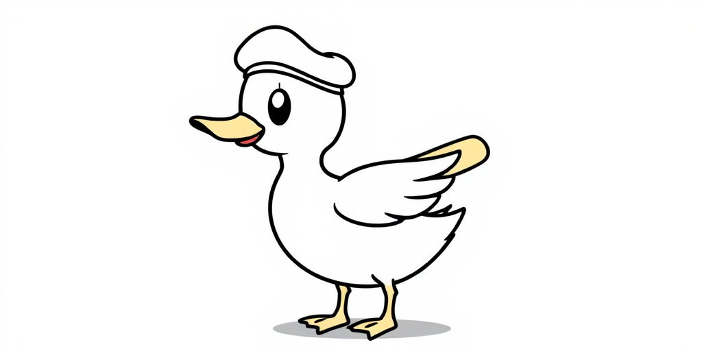 Draw a cartoon duck wearing a beret holding a baguette in its wing with a simple black outline style on a white background.