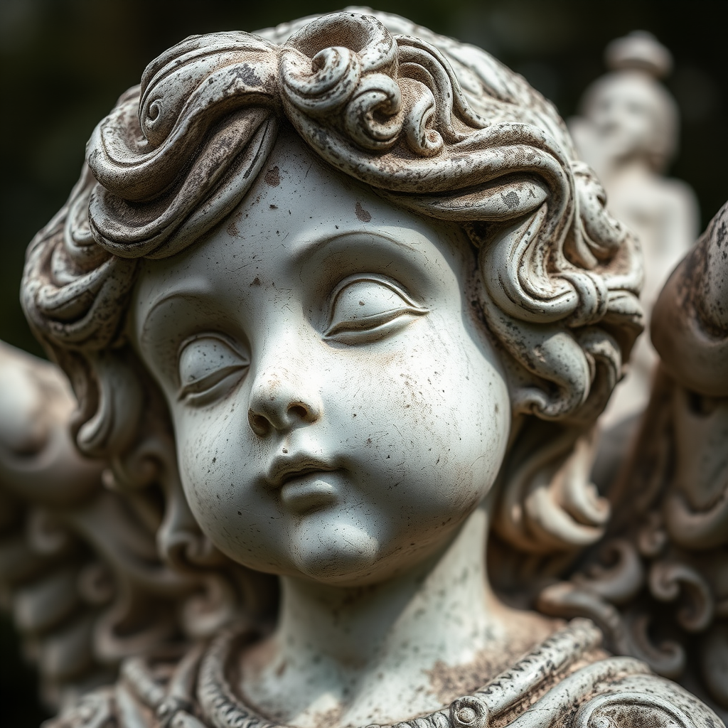 Regenerate a close-up of a weathered angel statue with intricate details, natural lighting, aperture f/2.8, shutter speed 1/100 sec, ISO 200, macro lens, shallow depth of field, capturing textures and imperfections in high resolution.