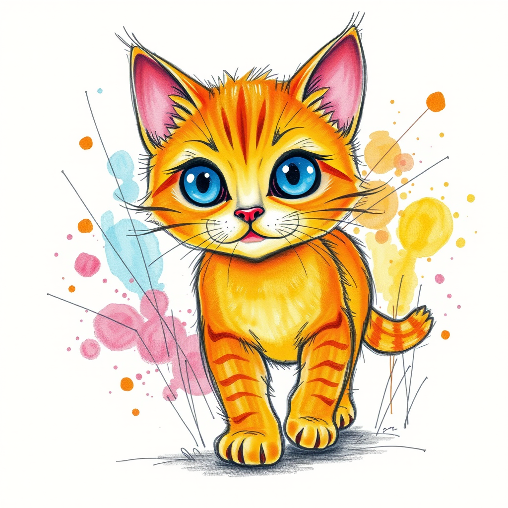 A vibrant childs coloured pencil drawn illustration of a bright orange cat with large, expressive blue eyes, a very cute style. The cat appears to be walking towards the viewer, surrounded by an abstract splash of colors and fine black lines, giving the image a dynamic and artistic flair. The background is a soft beige, highlighting the cat's vivid coloration and playful demeanor. Naively drawn scratchy line style.