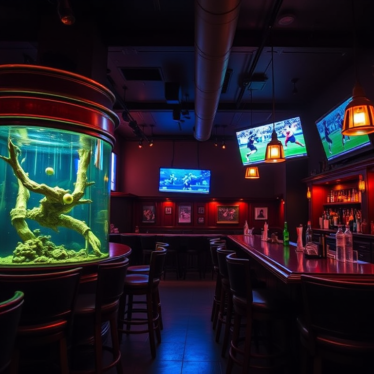 Regenerate interior of a cozy bar with a large fish tank, dim ambient lighting, well-stocked bar with wooden accents, bar stools, mounted television showing sports, taken with a DSLR camera at f/2.8, ISO 200, 35mm focal length, shot from a wide-angle perspective to capture depth.