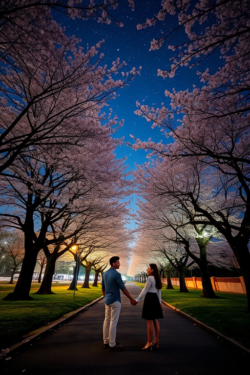 Generate a beautiful scene of two people holding hands under cherry blossom trees at night, with a starry sky above, using a DSLR camera, 50mm lens, f/1.8 aperture, ISO 200, and a wide-angle view.