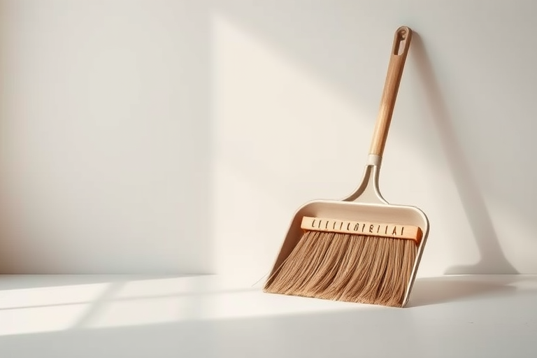 Create a high-resolution image of a broom and a dustpan set against a plain background, captured with a Canon EOS R5 camera at f/2.8, ISO 100, shutter speed 1/200s, in a natural lighting setup, with a close-up view to emphasize texture and detail.