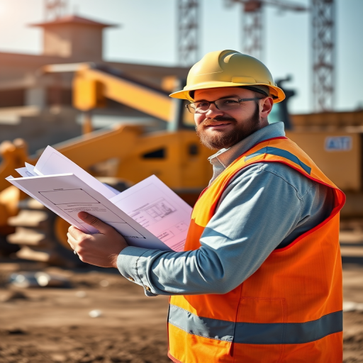 Create a high-resolution image of a construction site with a foreman holding blueprints, a bulldozer in the background, using a DSLR camera with a 50mm lens, aperture f/1.8, ISO 200, in natural daylight, with a slight vignette effect for focus enhancement.