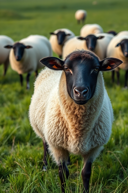 Regenerate an image of a group of sheep grazing in a lush green field with one black-faced sheep prominently in front, using a DSLR camera with a 35mm lens, aperture set to f/4, ISO 200, and a slight vignette effect for focus, taken from a low angle perspective to emphasize the foreground subject.