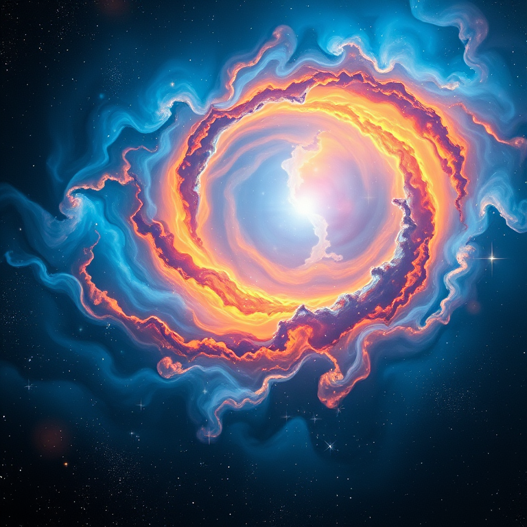 create an image of a vibrant cosmic scene with swirling blue and orange nebulae, sparkling stars, and a dark expanse of space in the background