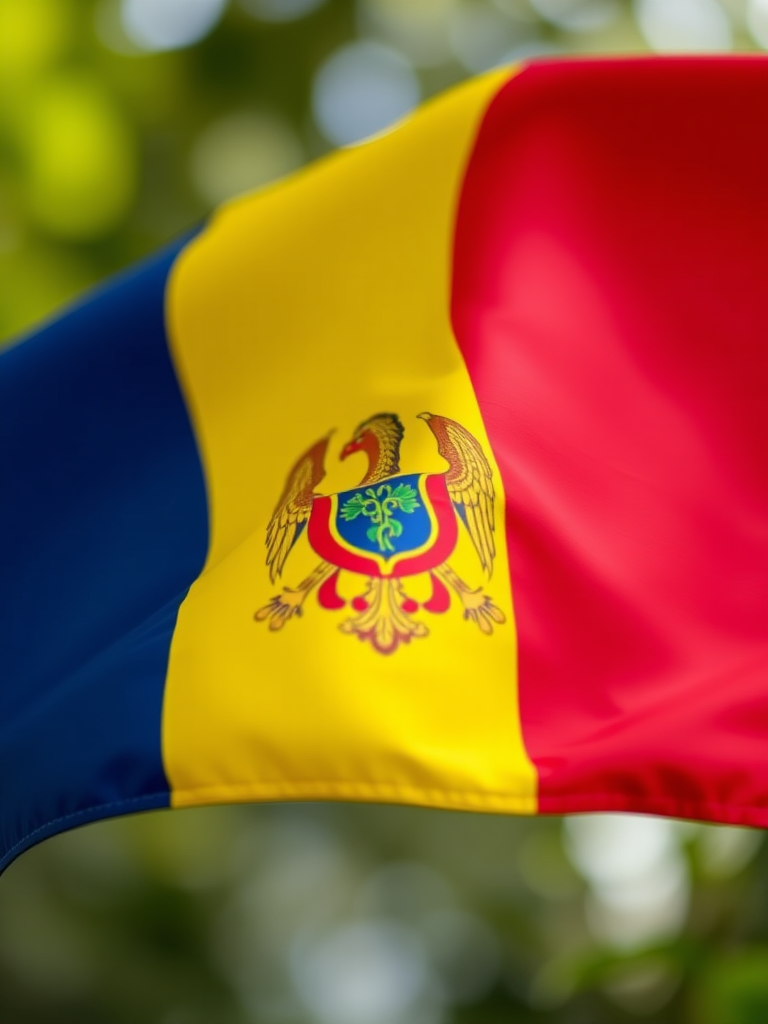 Create a high-resolution image of the flag of Romania, using a DSLR camera with a 50mm lens, aperture set to f/2.8, ISO 100, natural lighting, and a shallow depth of field for a glossy finish.