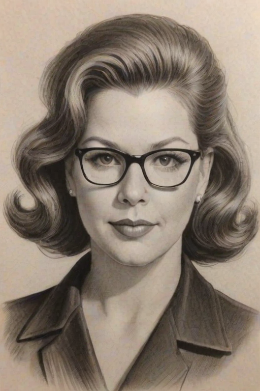 Magnificent Marsha Gay Harden, pencil sketch, portrait of Fascinating woman 1942s in glasses, hair style beatnik, outline, clear lines, fine lines, 8k