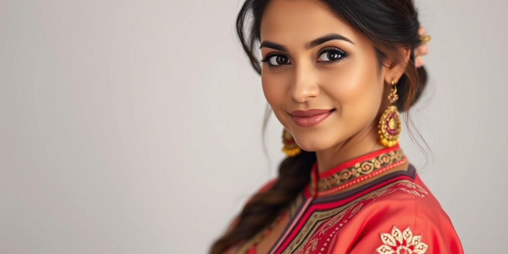 portrait of a woman wearing a coral ethnic outfit with intricate embroidery, studio lighting, shallow depth of field, 50mm lens, ISO 100, f/2.8, natural poses with soft focus background