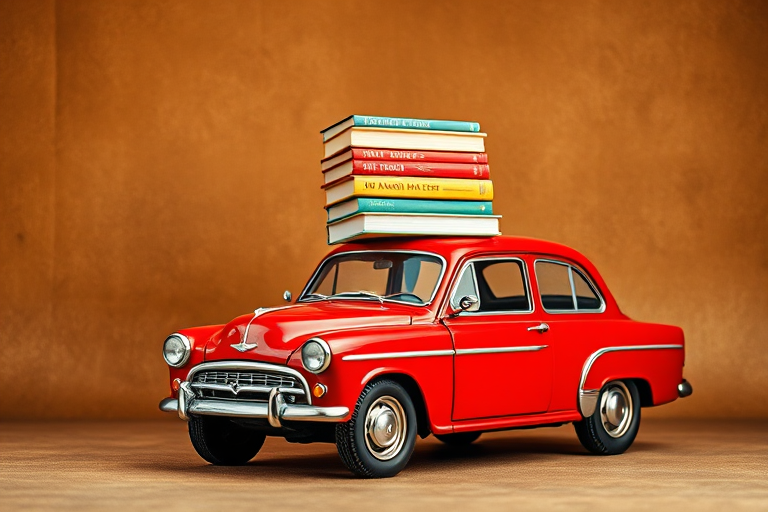 A vintage red car with a stack of colorful books on top, set against a warm, textured brown background, shot with a DSLR camera at f/2.8, ISO 100, 50mm lens, in soft natural light for enhanced image quality and vibrant colors.
