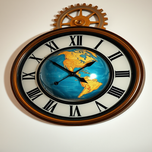 Create an image of a wall clock with a globe as the clock face, featuring Roman numerals, intricate mechanical gears in the background, using a Canon EOS R5 camera, 50mm lens, f/1.8 aperture, ISO 100, and a soft natural light source for enhanced detail and depth.