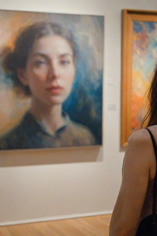 Blurry candid shot of a woman exploring an art gallery, softly illuminated by the artwork on display, her expression one of curiosity as she admires a large abstract painting.